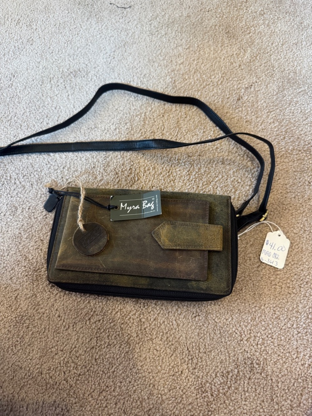 Myra Bag brown Distressed Leather Crossbody with Black Strap